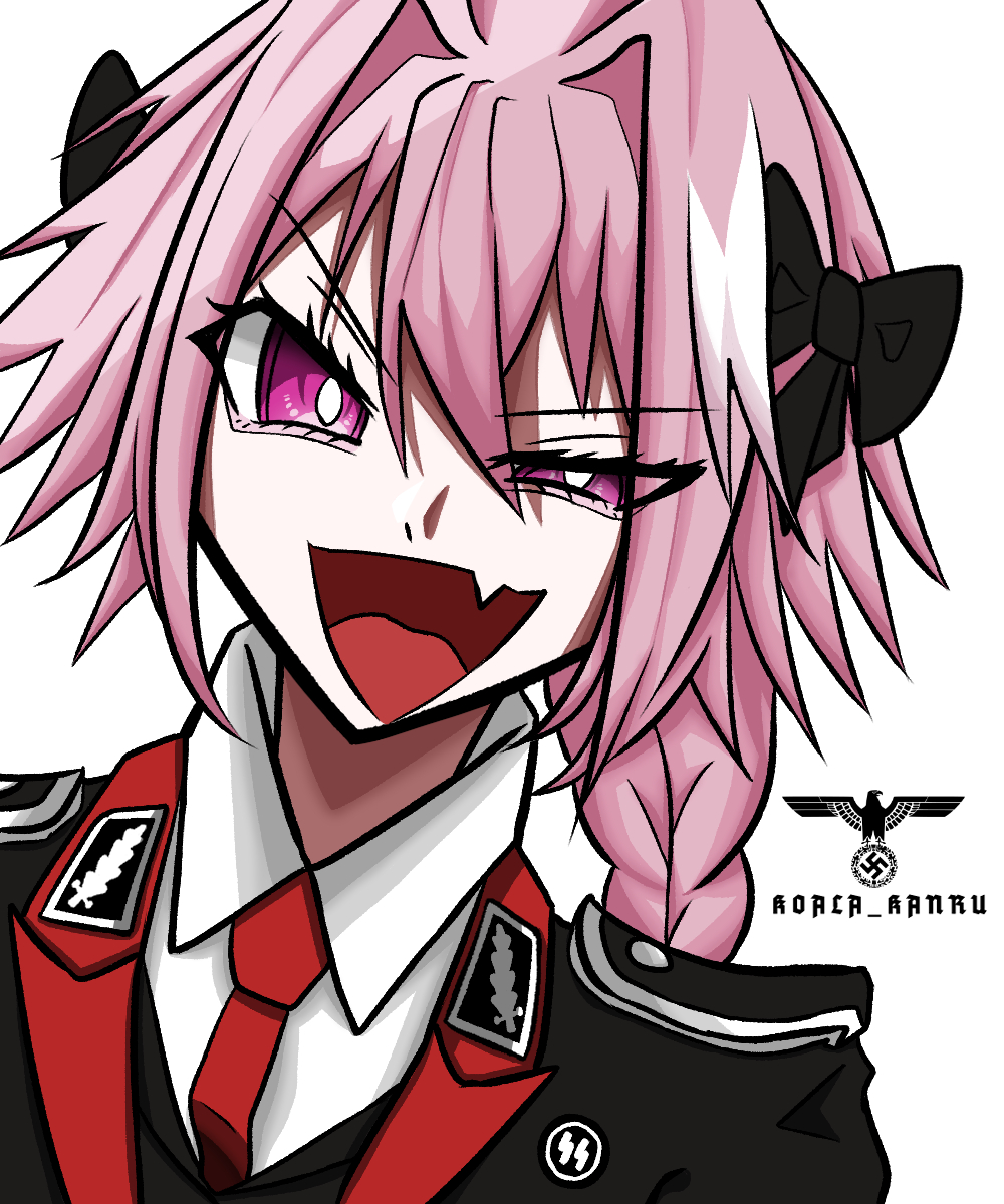 1boy astolfo_(fate) black_bow black_jacket black_suit bow bowtie collar collar_tabs fang fate/grand_order fate_(series) formal_clothes germany highres jacket koalakanru lapels military_dress_uniform military_uniform nazi necktie non-web_source one_eye_narrowed open_mouth pink_hair ponytail purple_eyes red_bow red_bowtie red_lapels red_necktie side_ponytail skin_fang smile ss_insignia ss_uniform suit waffen-ss white_background white_collar white_undershirt