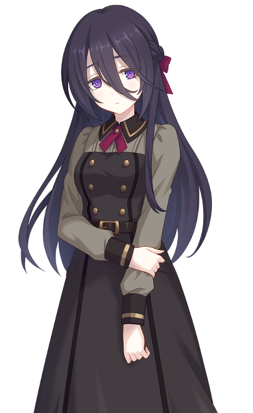 1girl back_ribbon belt black_belt black_dress black_hair braid breasts closed_mouth cowboy_shot dress hair_between_eyes hair_ribbon half_up_braid holding holding_own_arm long_hair long_skirt long_sleeves looking_at_viewer medium_breasts official_art princess_connect! puffy_long_sleeves puffy_sleeves purple_eyes ranpha_(princess_connect!) ranpha_(real)_(princess_connect!) red_ribbon ribbon skirt standing tachi-e