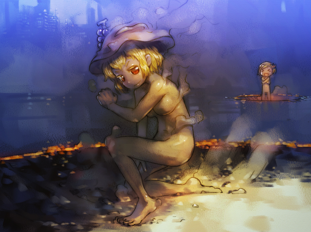 &gt;_&lt; 2girls aki_minoriko aki_shizuha blonde_hair breasts chibi commentary_request completely_nude looking_at_viewer multiple_girls nude on_one_knee red_eyes scene_reference short_hair small_breasts smile terminator_(series) touhou yst