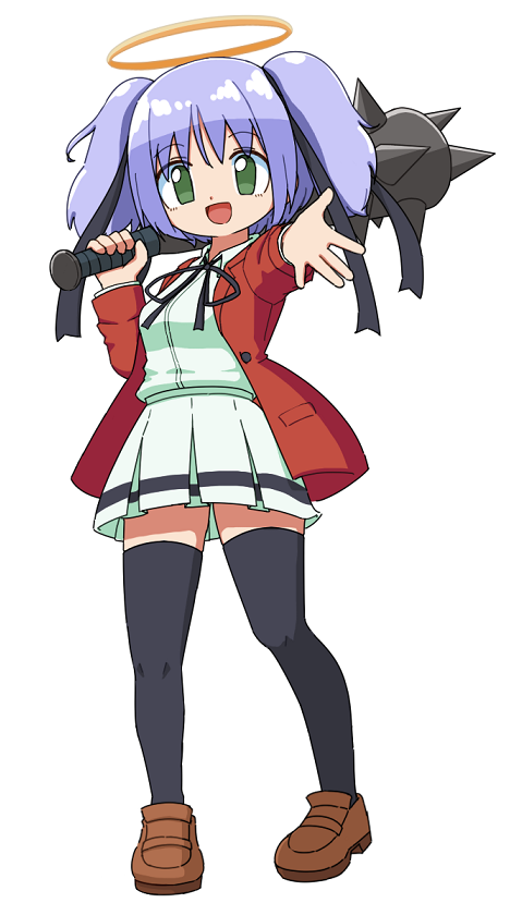 1girl bokusatsu_tenshi_dokuro-chan club club_(weapon) cocia_(kosianko) commentary_request excalibolg green_eyes hair_ribbon halo jacket mitsukai_dokuro neck_ribbon open_mouth purple_hair red_jacket ribbon shirt skirt smile spiked_club thighhighs traditional_halo weapon white_shirt white_skirt