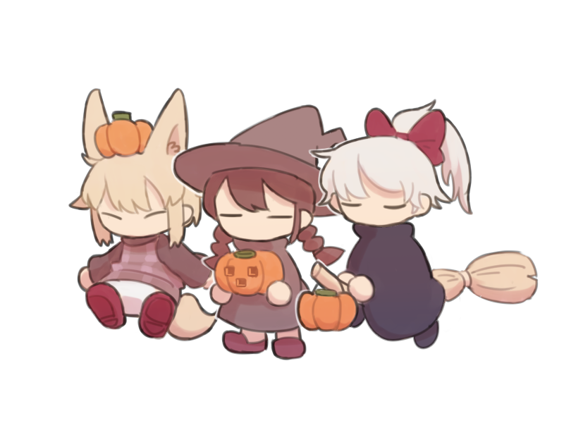 .flow 3girls alternate_hairstyle animal_ears blonde_hair bow braid broom broom_riding brown_hair chibi closed_eyes coat cosplay fake_animal_ears food fox_ears fox_tail grey_coat grey_hat hair_between_eyes hair_bow halloween halloween_costume hat holding holding_food holding_pumpkin holding_vegetable jack-o&#039;-lantern kemonomimi_mode madotsuki mob_face multiple_girls outline plaid_clothes plaid_sweater ponytail pumpkin purple_coat purple_footwear purple_sweater red_bow red_footwear regurusu_(nagarevosi) sabitsuki sidelocks simple_background skirt sweater tail twin_braids urotsuki vegetable white_background white_hair white_outline white_skirt witch witch_hat yume_2kki yume_nikki
