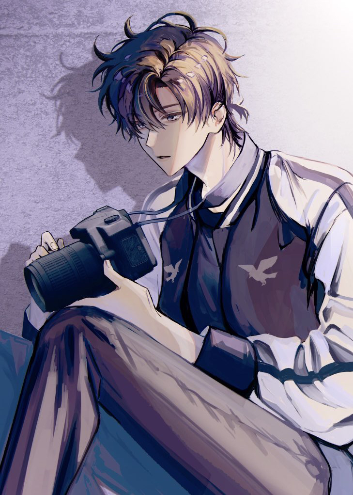1boy bishounen black_jacket black_shirt brown_hair brown_pants camera cheng_xiaoshi feet_out_of_frame grey_eyes holding holding_camera jacket long_sleeves looking_at_viewer male_focus multicolored_jacket pants parted_lips ponytail shadow shiguang_dailiren shirt short_hair short_ponytail sitting solo white_jacket yolu_gin