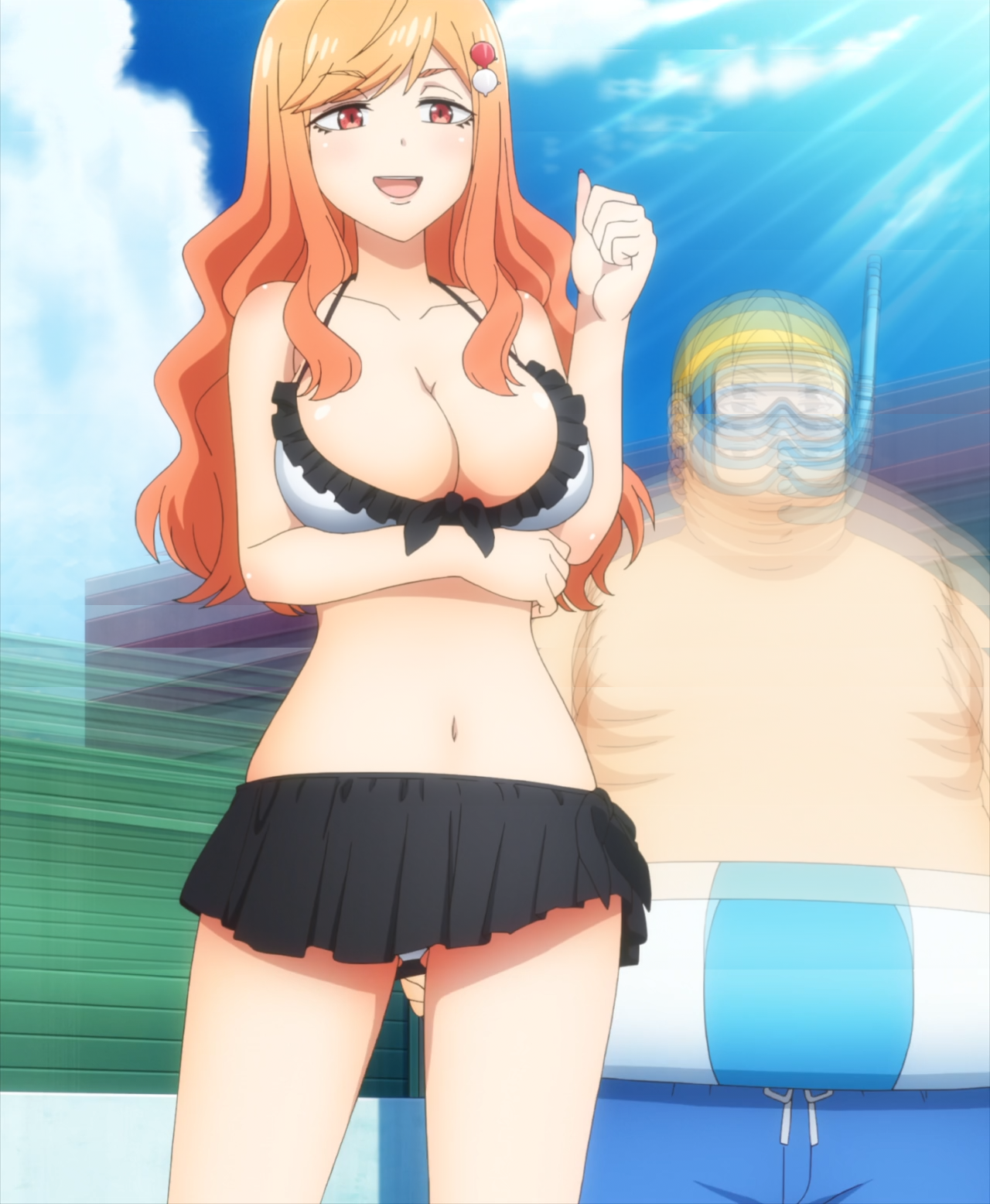 1boy 1girl arm_under_breasts bikini breasts brother_and_sister cleavage cloud fat fat_man highres large_breasts long_hair ma-kun_(tejina_senpai) navel saki-chan_(tejina_senpai) screencap siblings sky standing swimsuit tagme tejina_senpai_(series)