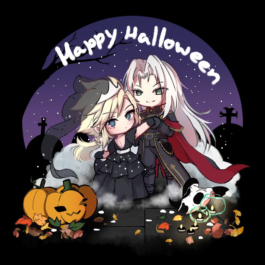 2boys alternate_costume animal_skull aristocratic_clothes autumn_leaves backless_dress backless_outfit bare_tree belt black_belt black_coat black_dress black_footwear black_gloves black_pants black_shirt black_veil blonde_hair blue_eyes blush boots byblackinthebox candle cape chibi chibi_only closed_mouth clothes_grab cloud_strife coat couple crossdressing dot_mouth dress final_fantasy final_fantasy_vii fog frilled_dress frills full_body gloves green_eyes grey_hair halloween happy_halloween jack-o&#039;-lantern knee_boots leaf light_smile long_bangs long_coat long_hair looking_at_viewer looking_back male_focus military_coat multiple_boys night official_alternate_costume one_eye_closed open_clothes open_coat outdoors pants parted_bangs pumpkin red_cape sephiroth sephiroth_(shinra_formal_uniform) shirt short_sleeves skull slit_pupils spiked_hair standing tiara tombstone tree two-sided_cape two-sided_coat two-sided_fabric veil very_long_hair yaoi