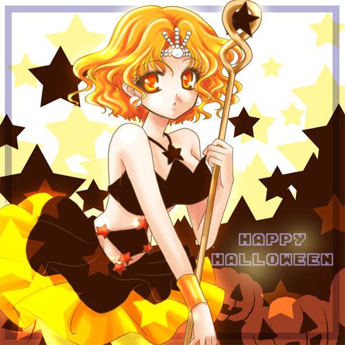 1990s_(style) 1girl bishoujo_senshi_sailor_moon bishoujo_senshi_sailor_moon_s dress earrings female_focus halloween happy_halloween jack-o&#039;-lantern jewelry lowres mimete_(sailor_moon) orange_eyes orange_hair retro_artstyle shirataki_kaiseki short_hair solo staff star_(symbol) star_symbol_background witches_5