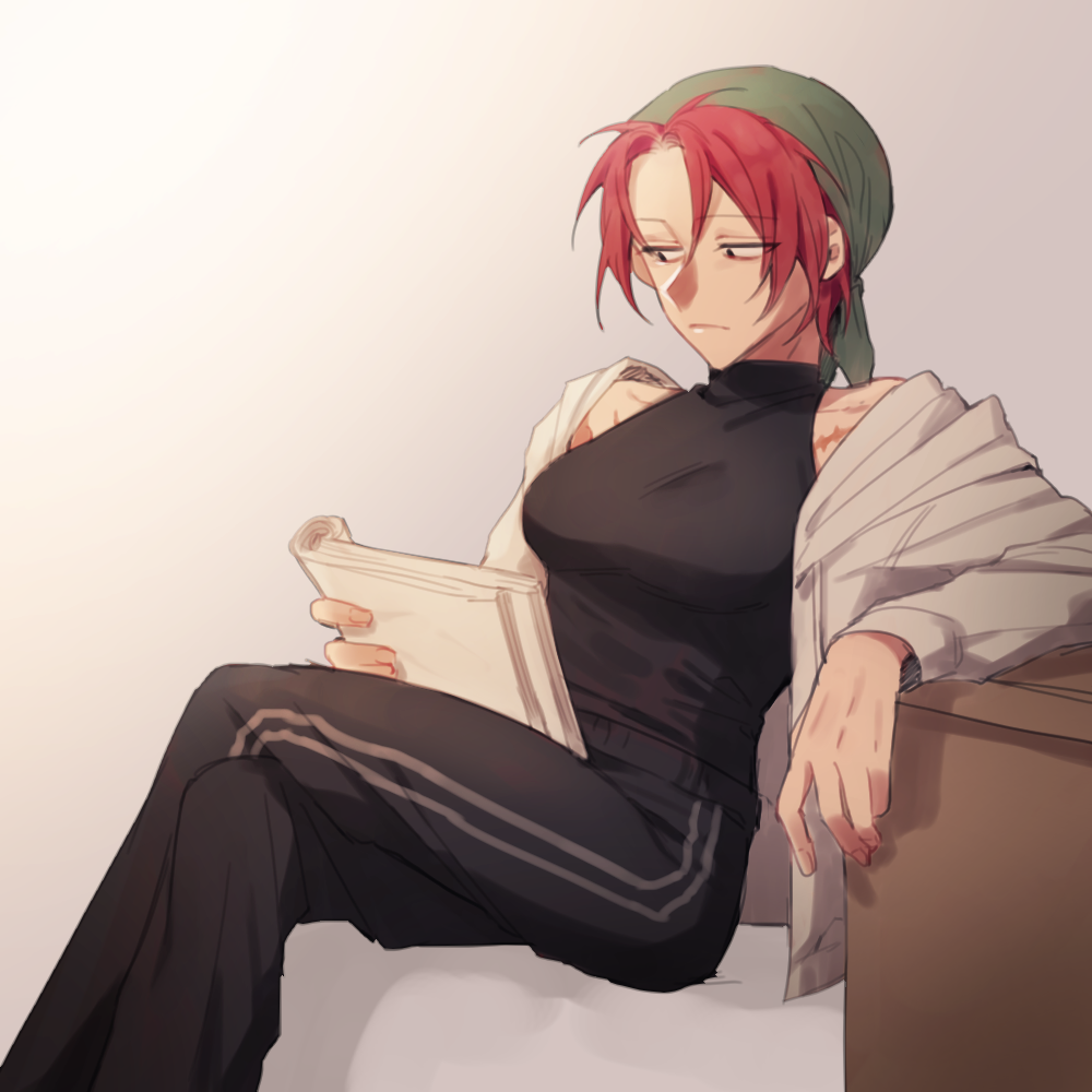 1girl alternate_costume annie_(saibou_shinkyoku) black_pants black_shirt book breasts closed_mouth commentary_request grey_background holding holding_book hood hood_down hooded_jacket jacket korean_commentary large_breasts mometsu_033 open_clothes open_jacket pants parted_bangs red_hair saibou_shinkyoku shirt short_hair sitting sleeveless sleeveless_turtleneck solo sweatpants turtleneck white_jacket