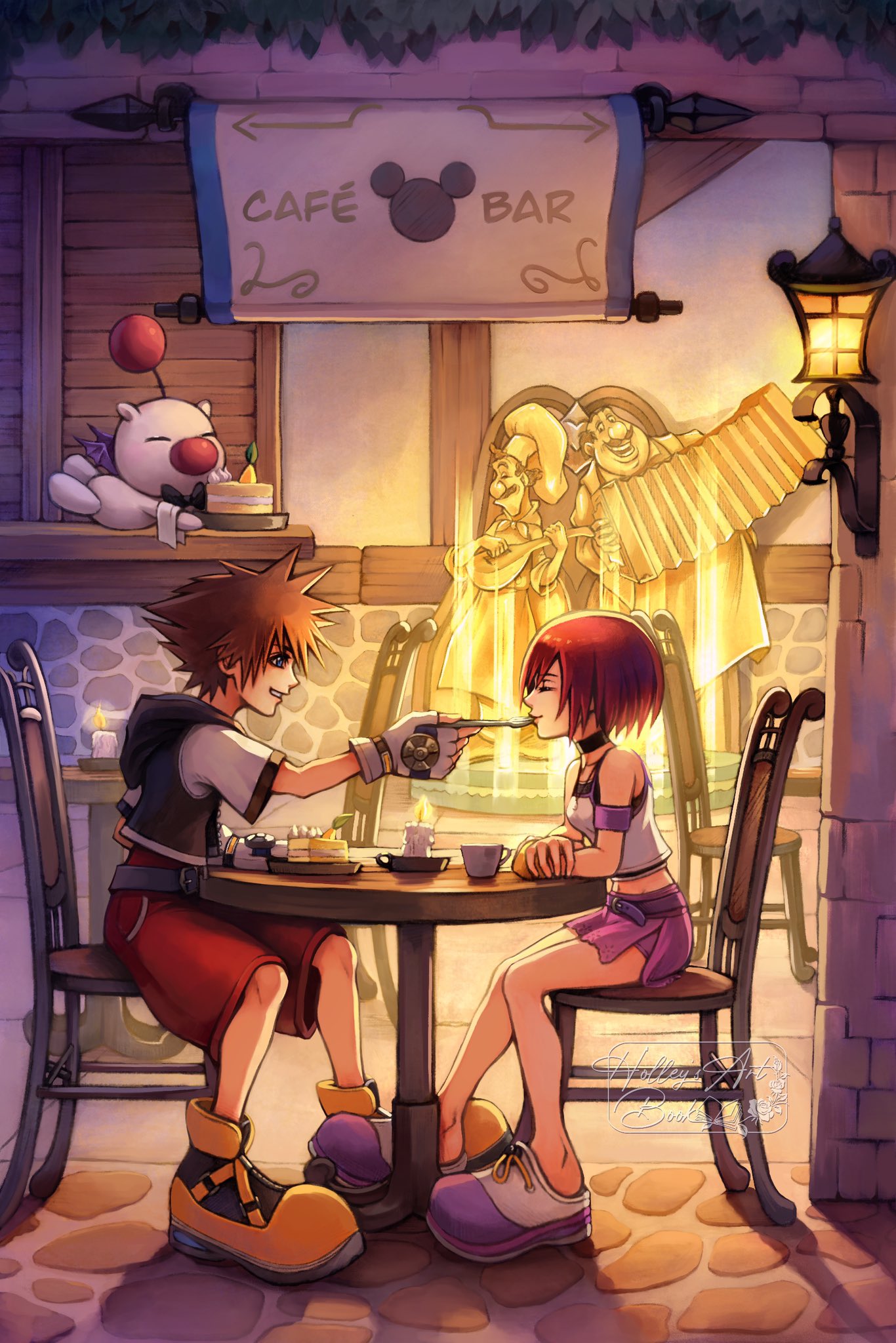1boy 1girl black_choker blue_eyes brown_hair chair choker closed_eyes commentary disney english_commentary fingerless_gloves from_side gloves highres holding holding_spoon hollypolllyy kairi_(kingdom_hearts) kingdom_hearts kingdom_hearts_i lady_and_the_tramp midriff moogle pointy_hair profile purple_skirt red_hair red_shorts shirt shoes short_hair short_sleeves shorts sitting skirt sleeveless sleeveless_shirt smile sora_(kingdom_hearts) spoon white_gloves white_shirt white_shoes yellow_shoes
