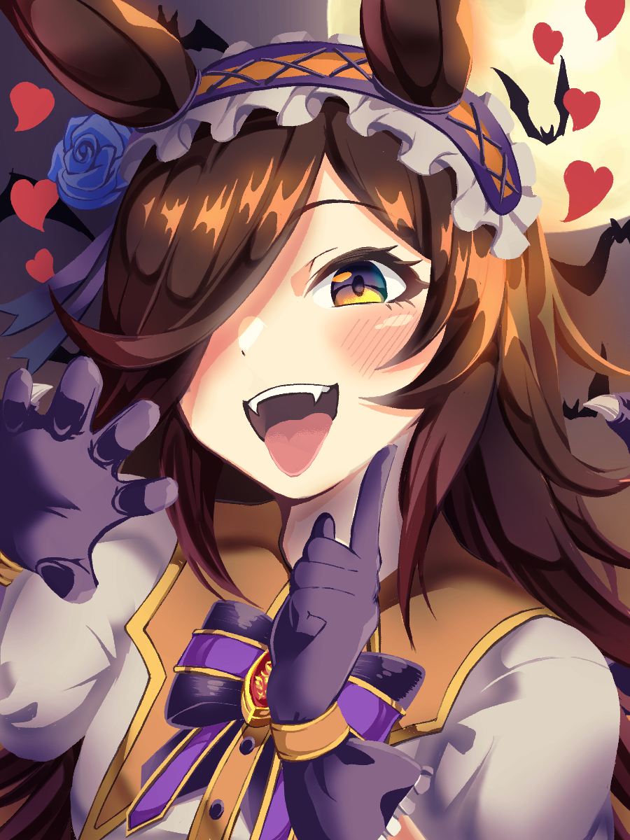 1girl animal_ears bat_(animal) black_bow black_bowtie black_gloves black_hair bow bowtie brooch brown_eyes claw_pose collared_shirt commentary fangs full_moon gloves hair_over_one_eye heart highres horse_ears horse_girl index_finger_raised jewelry long_hair moon natuumi_(jmwy5354) night official_alternate_costume purple_eyes rice_shower_(make_up_vampire!)_(umamusume) rice_shower_(umamusume) shirt short_sleeves solo tongue tongue_out umamusume upper_body white_shirt