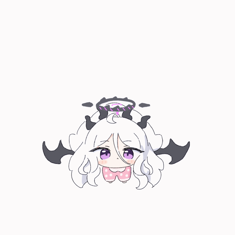 &gt;_&lt; 1girl :3 absurdly_long_hair animated animated_gif black_halo blue_archive blush_stickers chibi closed_eyes closed_mouth commentary grey_hair hair_between_eyes halo hina_(blue_archive) hina_(pajamas)_(blue_archive) horns incoming_hug long_hair looking_at_viewer no_nose outstretched_arms pink_shirt polka_dot polka_dot_shirt purple_eyes shirt solo umihio v-shaped_eyebrows very_long_hair