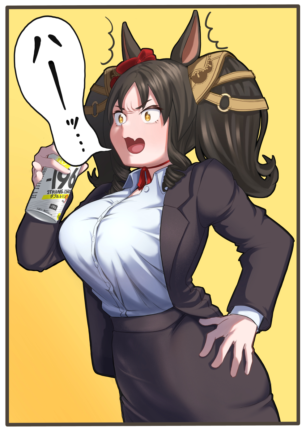 1girl alternate_costume animal_ears black_hair black_jacket black_skirt border breasts burp can commentary_request cowboy_shot drink ear_ornament fang hand_on_own_hip highres horse_ears horse_girl horse_tail jacket large_breasts long_hair long_sleeves marvelous_sunday_(umamusume) office_lady ohmi-wisteria open_clothes open_jacket outside_border pencil_skirt sidelocks skin_fang skirt solo speech_bubble strong_zero tail twintails umamusume white_border