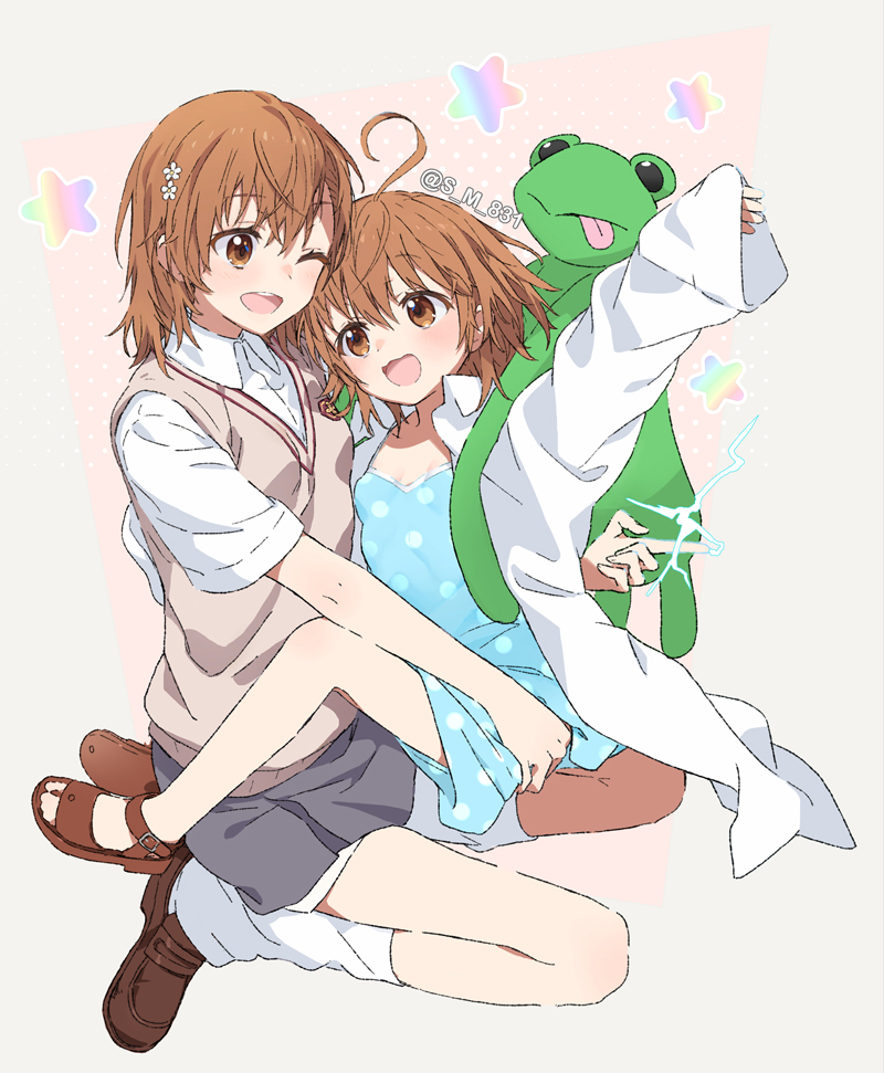 2girls ahoge blue_dress brown_eyes brown_footwear brown_hair child dress dress_shirt electricity electrokinesis eye_contact fantasy flower gekota grey_skirt hair_flower hair_ornament last_order_(toaru_majutsu_no_index) loafers looking_at_another misaka_mikoto multiple_girls one_eye_closed open_mouth polka_dot polka_dot_dress psychic round_teeth s_m_831 sandals school_uniform science_fiction shirt shoes short_hair siblings sisters skirt star_(symbol) star_symbol_background stuffed_animal stuffed_frog stuffed_toy sweater_vest teeth toaru_kagaku_no_railgun toaru_majutsu_no_index tokiwadai_school_uniform upper_teeth_only white_shirt