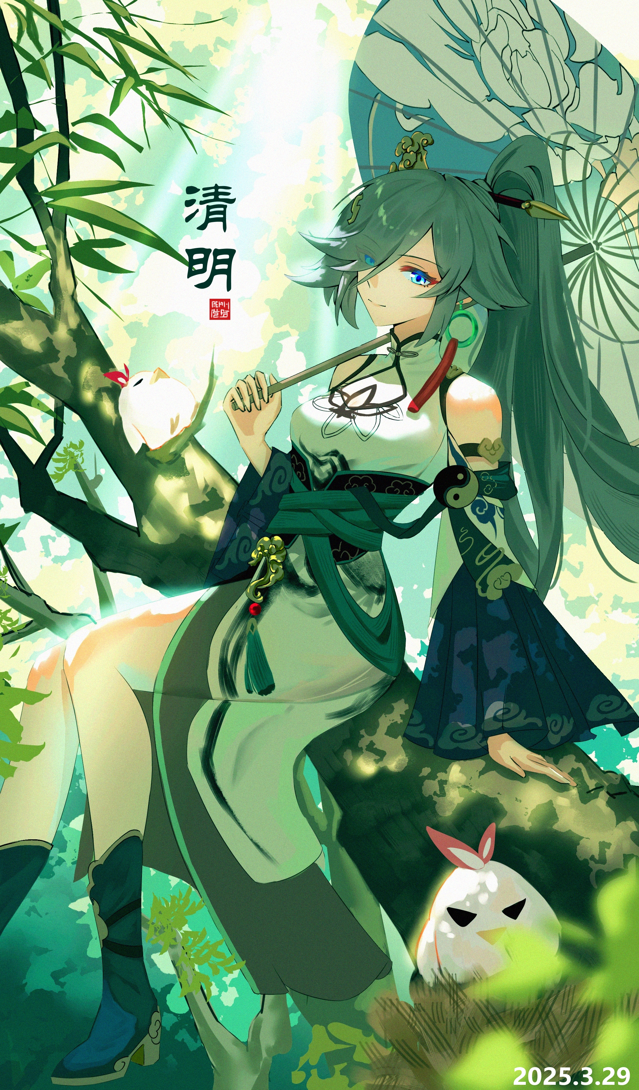 1girl absurdres bamboo blue_eyes china_dress chinese_clothes chinese_commentary chinese_text cleavage_cutout closed_mouth clothing_cutout commentary_request dated dress earrings fu_hua fu_hua_(azure_empyrea) green_shoes green_sleeves grey_hair hair_ornament hair_stick he_jiu high_ponytail highres holding holding_umbrella honkai_(series) honkai_impact_3rd jewelry jingwei_(bird) long_hair on_branch parasol partial_commentary ponytail qingming_festival shoes sitting sitting_on_branch smile solar_term solo translated umbrella very_long_hair white_dress