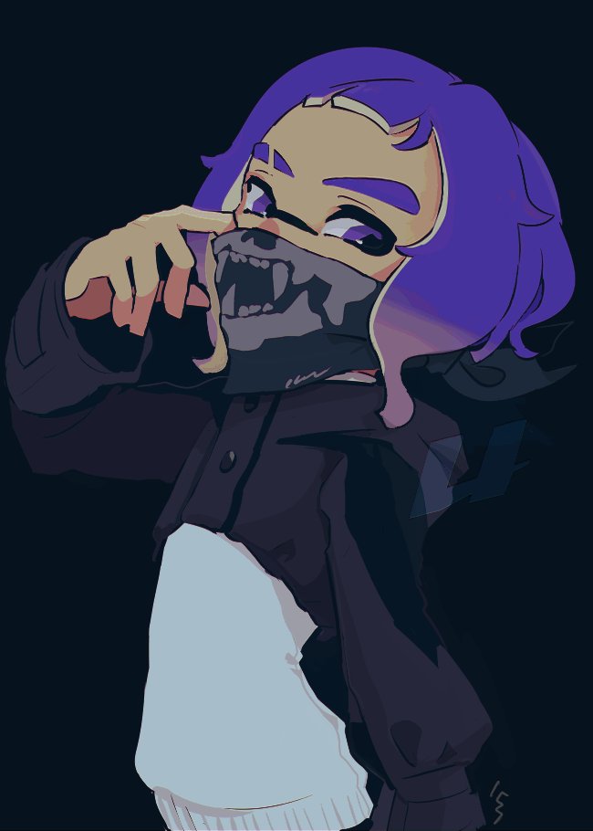 1boy adjusting_mask arched_back artist_logo asymmetrical_bangs bandana black_background black_bandana black_jacket colored_tips cropped_jacket eyebrow_cut hand_up head_back hood hood_down hooded_jacket imaikuy0 inkling_boy inkling_player_character jacket logo long_sleeves looking_at_viewer male_focus mask medium_hair mouth_mask multicolored_hair nintendo pink_hair purple_eyes purple_hair shirt short_bangs sidelocks sideways_glance simple_background skull_print solo splatoon_(series) upper_body white_shirt