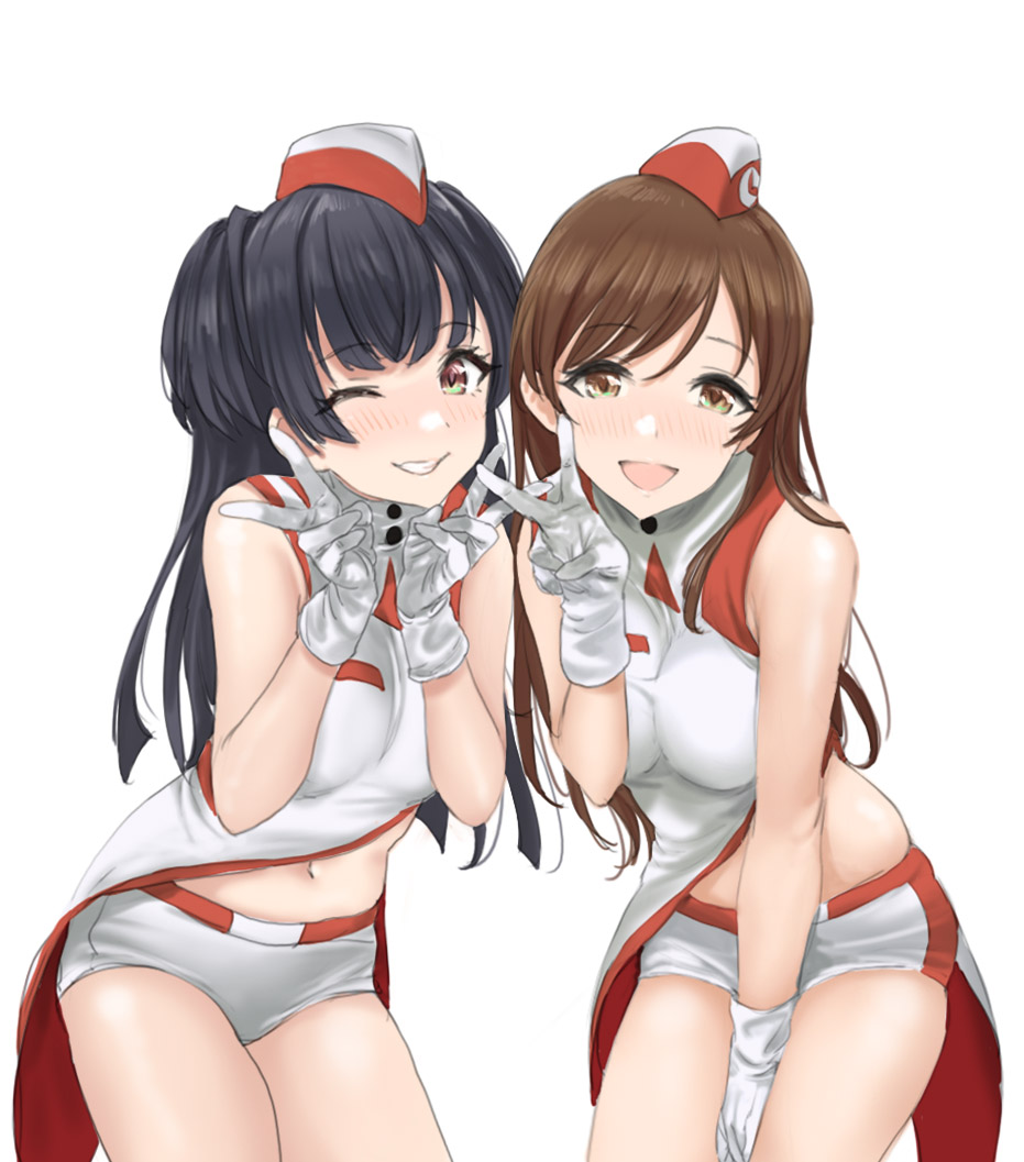 2girls :d asymmetrical_clothes bare_arms black_hair blush breasts brown_eyes brown_hair double_v gloves grin hamedoragon idolmaster idolmaster_cinderella_girls idolmaster_shiny_colors in-franchise_crossover leaning_forward long_hair looking_at_viewer mayuzumi_fuyuko medium_breasts midriff multiple_girls navel nitta_minami one_eye_closed open_mouth short_shorts shorts simple_background smile stomach v very_long_hair voy@ger_(idolmaster) white_background white_gloves white_shorts