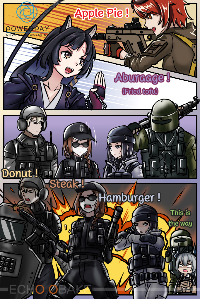 2boys 4koma 5girls animal_ears arknights artist_name ash_(rainbow_six_siege) assault_rifle ballistic_face_mask ballistic_face_shield ballistic_helmet ballistic_shield baseball_cap beads blitz_(rainbow_six_siege) bulletproof_vest camouflage comic crossover dazzler_(weapon) dog_ears dog_girl dp-27 dragon_girl dragon_horns dual_wielding echo-obake electroshock_weapon english_text exusiai_(arknights) exusiai_(wild_operation)_(arknights) eyewear_on_head facial_mark fingerless_gloves flash_shield frost_(rainbow_six_siege) g52-tactical_shield gloves grenade_launcher gun handgun hat helmet holding holding_gun holding_weapon horns knife kriss_vector less-than-lethal_weapon light_machine_gun liskarm_(arknights) liskarm_(overload)_(arknights) machine_gun maska military_combat_uniform military_operator military_uniform monk multiple_boys multiple_girls naginata official_alternate_costume polearm prayer_beads rainbow_six_siege rifle riot_shield saga_(arknights) shaded_face shield stun_shield submachine_gun sunglasses surprised tachanka_(rainbow_six_siege) tactical_clothes thumbs_up unworn_headwear unworn_helmet visor visor_(armor) weapon woollen_cap