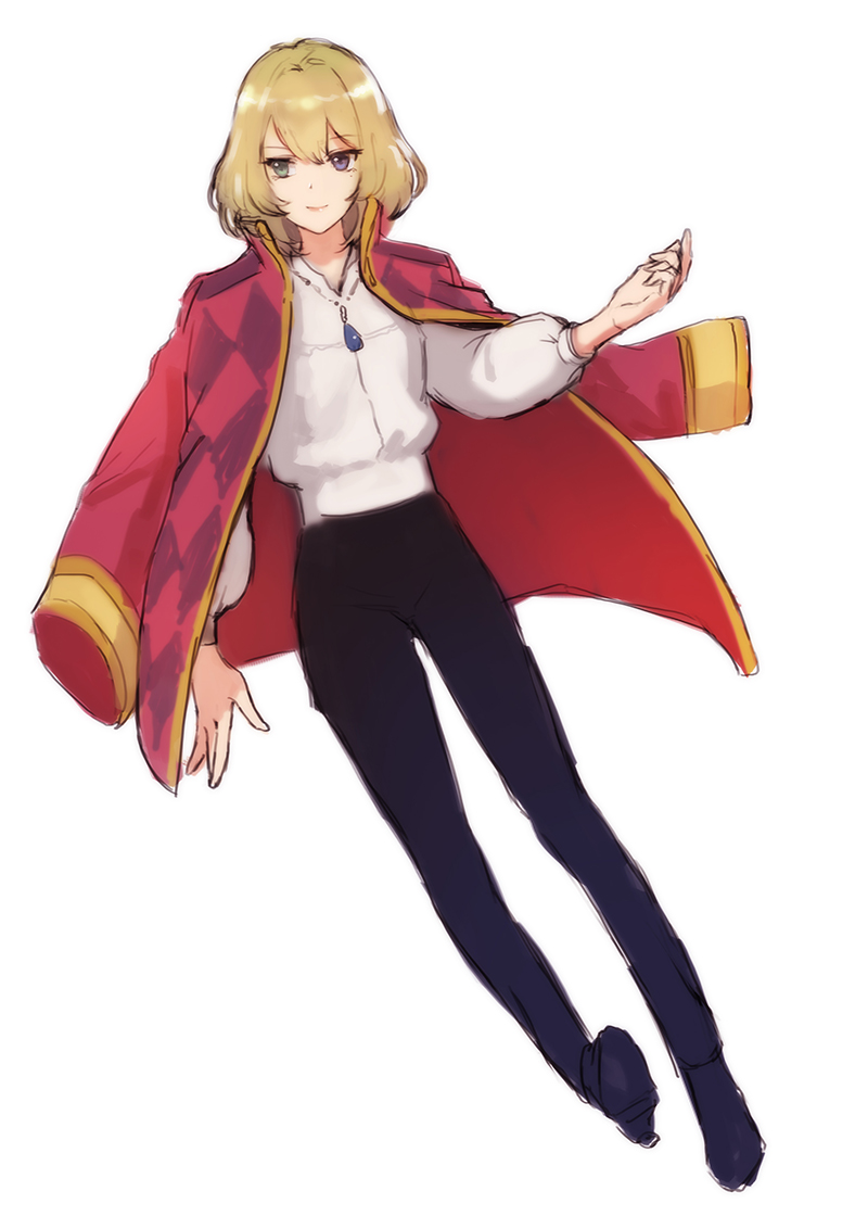 00s 1girl blue_eyes brown_hair cosplay female_focus full_body green_eyes heterochromia high-waist_pants howl howl_(cosplay) howl_(howl_no_ugoku_shiro) howl_(howl_no_ugoku_shiro)_(cosplay) howl_no_ugoku_shiro idolmaster idolmaster_cinderella_girls jewelry meto31 mole mole_under_eye necklace pants short_hair simple_background smile solo takagaki_kaede white_background