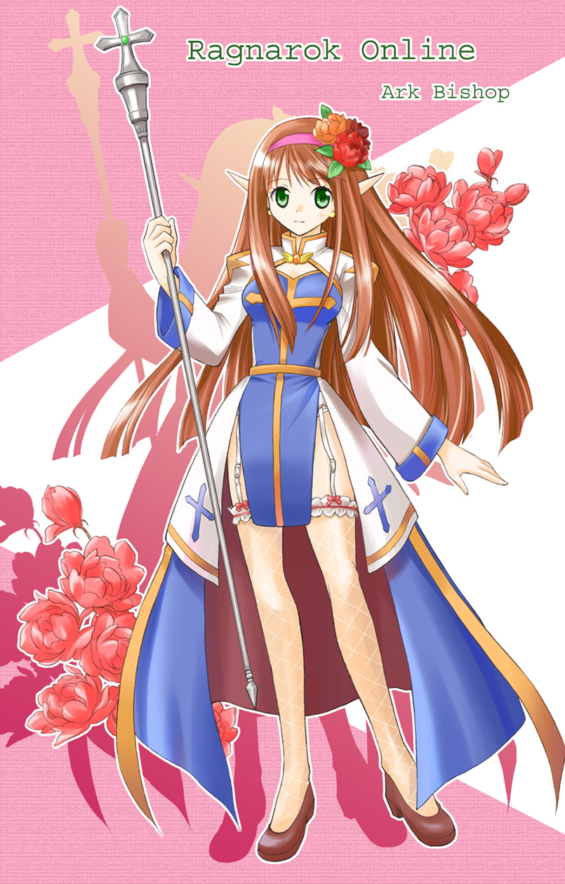 1girl arch_bishop_(ragnarok_online) blue_dress blush breasts brown_hair character_name cleavage_cutout closed_mouth clothing_cutout commentary_request copyright_name crosier cross dress fishnet_thighhighs fishnets flower frilled_thighhighs frills full_body green_eyes hair_flower hair_ornament hairband highres holding holding_staff long_hair looking_at_viewer medium_breasts orange_flower pink_background pink_hairband pointy_ears ragnarok_online red_flower sash shiikasan smile solo staff standing thighhighs two-tone_dress very_long_hair white_dress white_thighhighs yellow_sash
