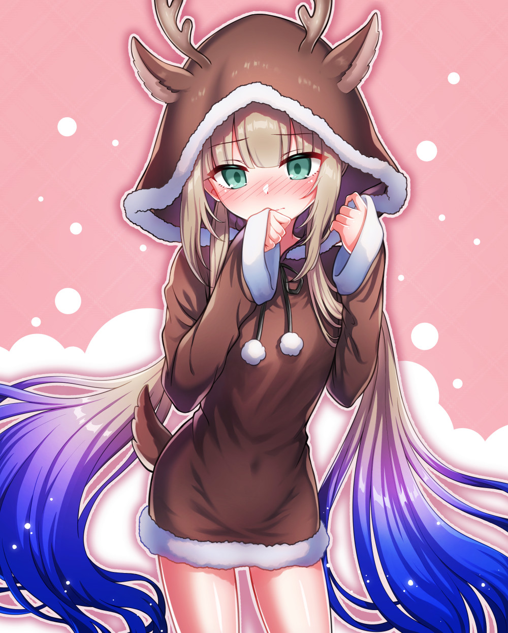 1boy animal_costume animal_hood antlers blue_hair blush captain_nemo_(fate) fake_antlers fake_tail fate/grand_order fate_(series) gradient_hair green_eyes highres hood horns light_brown_hair long_hair long_sleeves male_focus multicolored_hair nemo_(fate) nose_blush onesie reindeer_antlers reindeer_costume reindeer_hood shell_ocean solo tail trap twintails very_long_hair