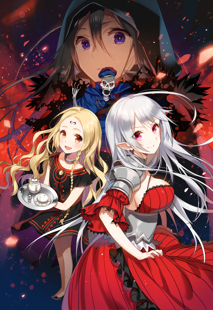 3girls black_hair blonde_hair brown_eyes gradient_background jashin_average long_hair multiple_girls official_art original pointy_ears purple_eyes red_eyes silver_hair skeleton smile yuzuki_kihiro
