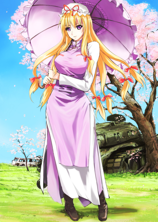 1girl bad_id bad_pixiv_id blonde_hair boots bus caterpillar_tracks cherry_blossoms female_focus funeral_(artist) hair_ribbon hat hat_ribbon long_hair military military_vehicle motor_vehicle purple_eyes ribbon solo sumisi t-72 tank touhou tree umbrella vehicle very_long_hair yakumo_yukari