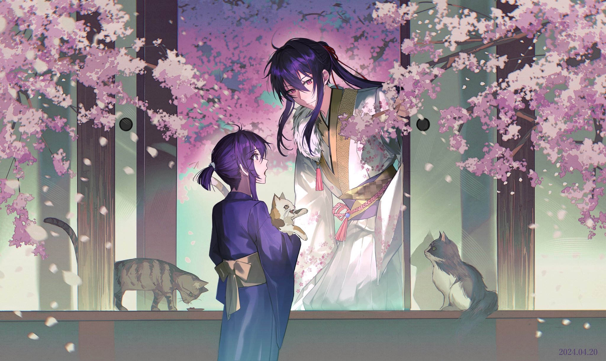 2boys :o aged_down ahoge animal architecture birthday blue_kimono blurry bowl calico_(pattern) calico_cat cat cherry_blossom_print cherry_blossoms child closed_mouth column dated depth_of_field east_asian_architecture ensemble_stars! falling_petals floating_hair floral_print floral_print_kimono from_behind fur_collar hair_between_eyes hair_ribbon hakama highres holding holding_animal holding_cat japanese_clothes kanzaki_souma kimono kneeling long_hair long_sleeves looking_at_another multiple_boys nape obi open_mouth opening_door pet_bowl petals pillar pink_eyes pink_petals ponytail print_kimono purple_hair red_ribbon ribbon ru_kosin sash short_ponytail shouji sidelocks sliding_doors smile tabby_cat tassel time_paradox tuxedo_cat veranda white_hakama white_kimono wide_sleeves