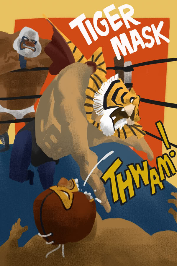 3boys cape clenched_teeth dark-skinned_male dark_skin galgard mask multiple_boys muscular muscular_male sound_effects striped_cape teeth tiger_mask_(character) tiger_mask_(series) wrestling_mask wrestling_outfit wrestling_ring