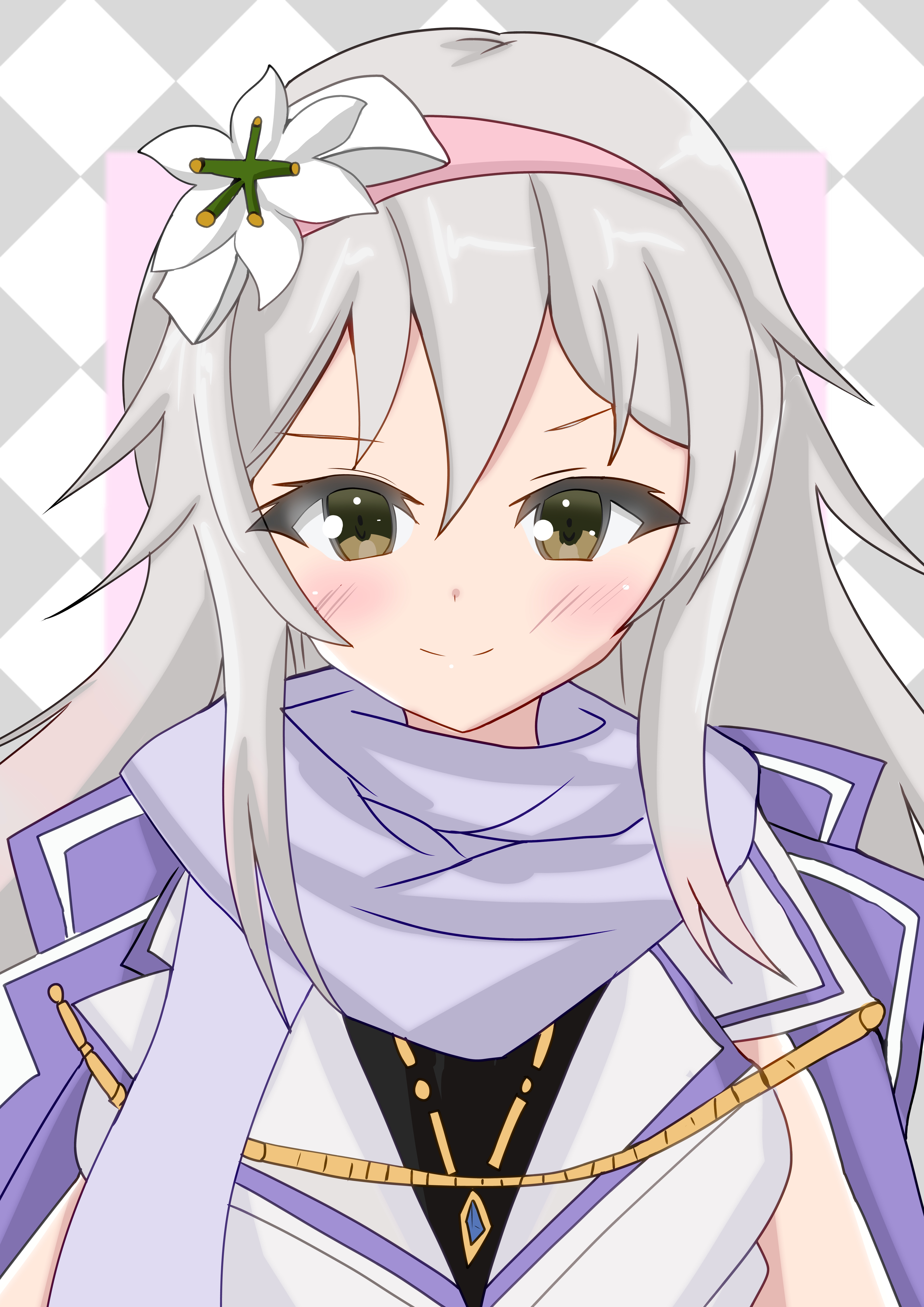 1girl absurdres argyle_background arms_at_sides assault_lily black_shirt blue_scarf blush brown_eyes closed_mouth commentary ebisu_nobu flower grey_background grey_hair hair_between_eyes hair_flower hair_ornament hairband hayakawa_yahiro highres jacket jacket_on_shoulders jewelry long_hair looking_at_viewer neck official_alternate_costume pendant pink_background pink_hairband purple_jacket scarf shirt sidelocks sleeveless sleeveless_shirt smile solo two-tone_background upper_body white_background white_flower white_shirt
