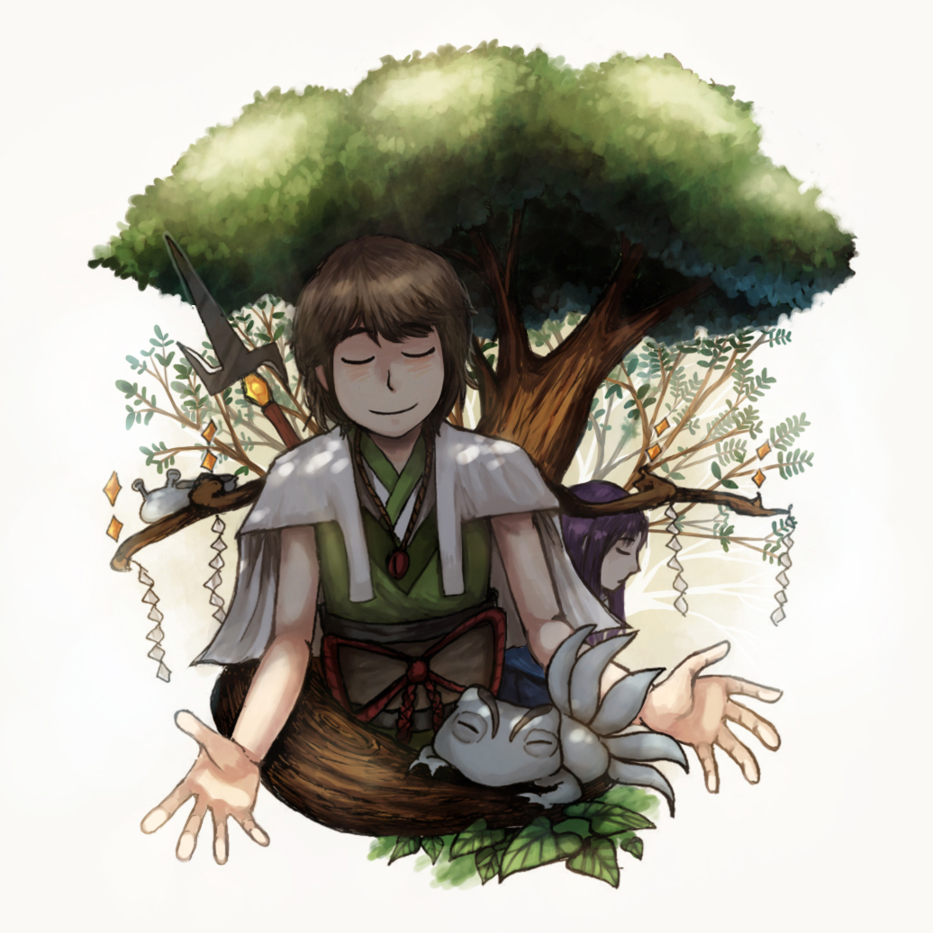 2others androgynous antennae azuma_kaisen azuma_kaisen_(frog) brown_hair capelet clause_(len&#039;en) coat frog hakama hakama_skirt jacket jacket_on_shoulders japanese_clothes kesa_kujiru kesa_kujiru_(slug) len&#039;en long_hair multiple_others necktie ogata_garaiya polearm purple_hair short_hair skirt slug smile weapon yamanoskk