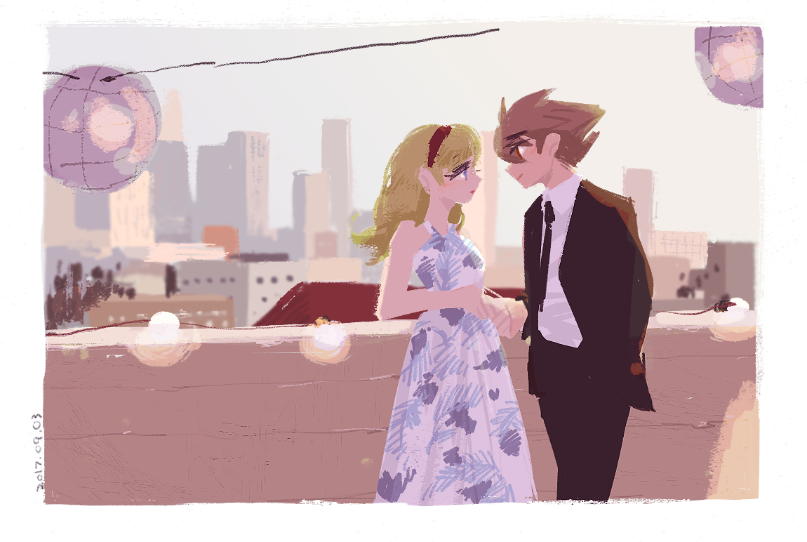 black_suit blonde_hair blue_eyes brown_eyes brown_hair couple cyborg cyborg_009 dress floral_dress floral_print floral_print_dress formal_clothes francoise_arnoul hair_over_one_eye hairband hand_in_pocket holding_hands light_smile long_eyelashes long_hair manodemarina print_dress red_hairband shimamura_joe shirt suit white_shirt