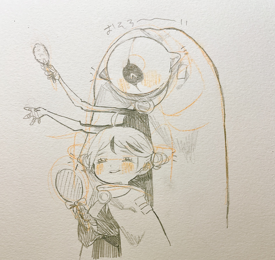 1boy 1girl ahoge cape closed_eyes closed_mouth colored_pencil_(medium) cone_hair_bun gloria_(project_moon) graphite_(medium) greyscale hair_bun holding holding_mirror jacket library_of_ruina long_sleeves matching_hairstyle mirror mochigome_138 monochrome multicolored_hair project_moon smile streaked_hair traditional_media yan_vismok