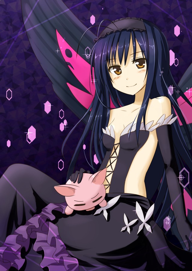 10s accel_world antenna_hair arita_haruyuki bare_shoulders black_hair bug butterfly butterfly_wings elbow_gloves frills gloves insect insect_wings kuroyukihime mashayuki pig wings yellow_eyes