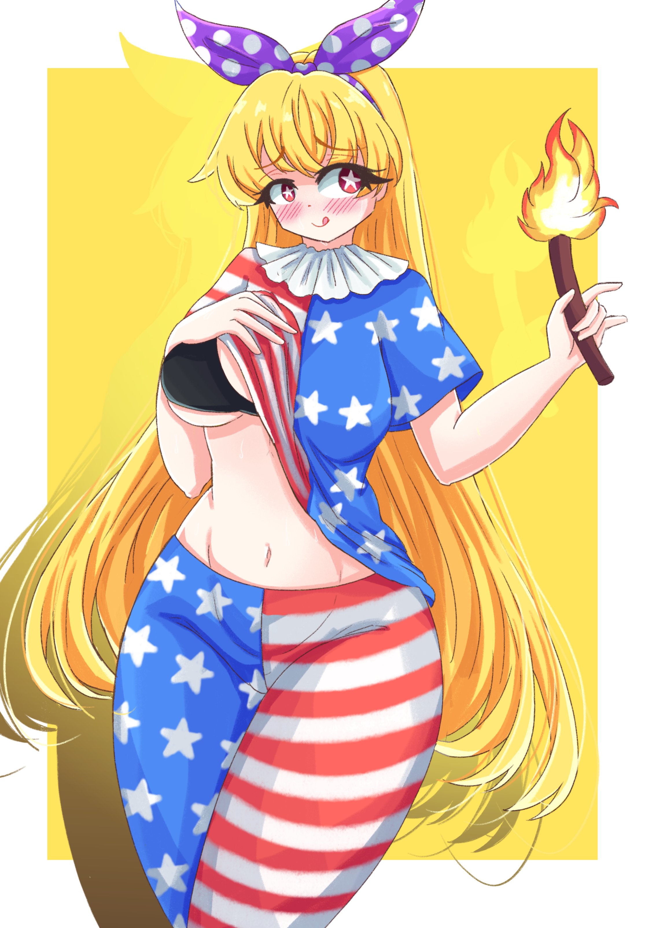 absurdres american_flag american_flag_dress american_flag_pants american_flag_print american_flag_shirt clownpiece flag_print highres legacy_of_lunatic_kingdom nanaii_desu pants print_pants print_shirt shirt star_(symbol) star_print torch touhou