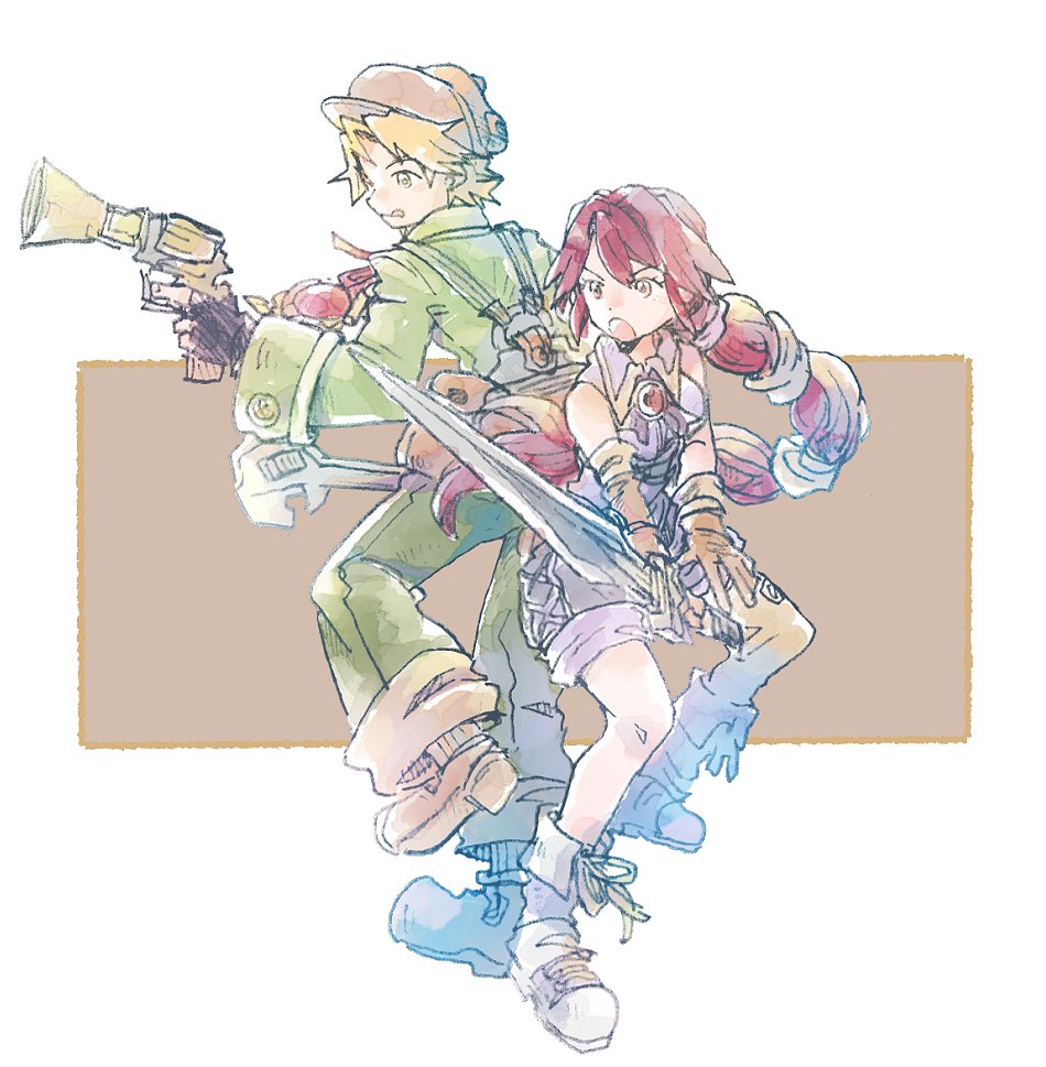 1boy 1girl blonde_hair dark_chronicle elbow_gloves full_body gloves gun hat holding holding_gun holding_sword holding_weapon long_hair max_(dark_chronicle) michibata_65 monica_(dark_chronicle) multi-tied_hair open_mouth ponytail protected_link red_hair sword very_long_hair weapon