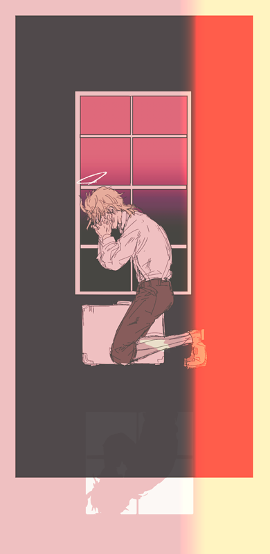 1boy blonde_hair dio_brando from_side halo hands_on_own_head jojo_no_kimyou_na_bouken male_focus motunikomi phantom_blood solo suitcase surreal window