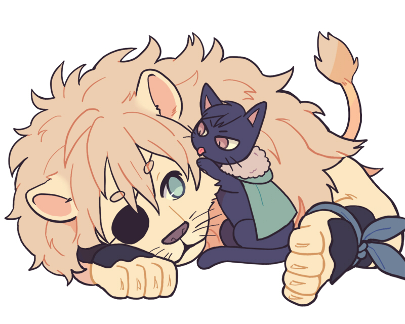 alisha_(heirror) animal animalization aqua_cape bandana bandana_around_arm black_cat black_fur black_hair blue_bandana blue_eyes cape cat cat_tail claws commentary dimitri_alexandre_blaiddyd dimitri_alexandre_blaiddyd_(timeskip) eye_contact eyepatch felix_hugo_fraldarius fire_emblem fire_emblem:_three_houses fur-trimmed_hood fur_trim hood hooded_cape jitome licking lion lion_tail looking_at_another lying mane multiple_boys nintendo on_stomach one_eye_covered orange_eyes paw_up simple_background slit_pupils symbol-only_commentary tail tongue tongue_out whiskers white_background