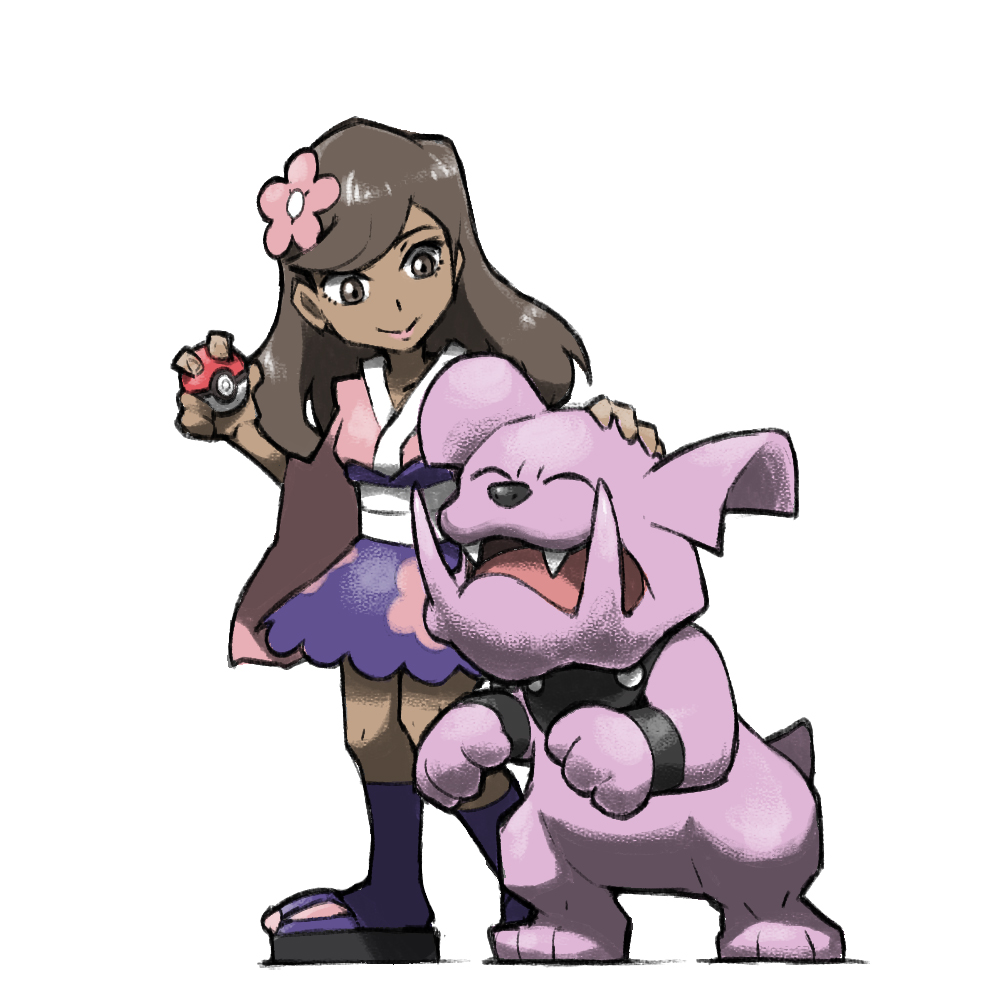 1girl blacknirrow brown_eyes brown_hair closed_eyes closed_mouth dark-skinned_female dark_skin eyelashes fangs flower furisode furisode_girl_(pokemon) gen_2_pokemon granbull hair_flower hair_ornament hand_on_another&#039;s_head holding holding_poke_ball japanese_clothes kimono long_hair nintendo open_mouth pink_flower poke_ball poke_ball_(basic) pokemon pokemon_xy purple_socks simple_background smile socks standing white_background
