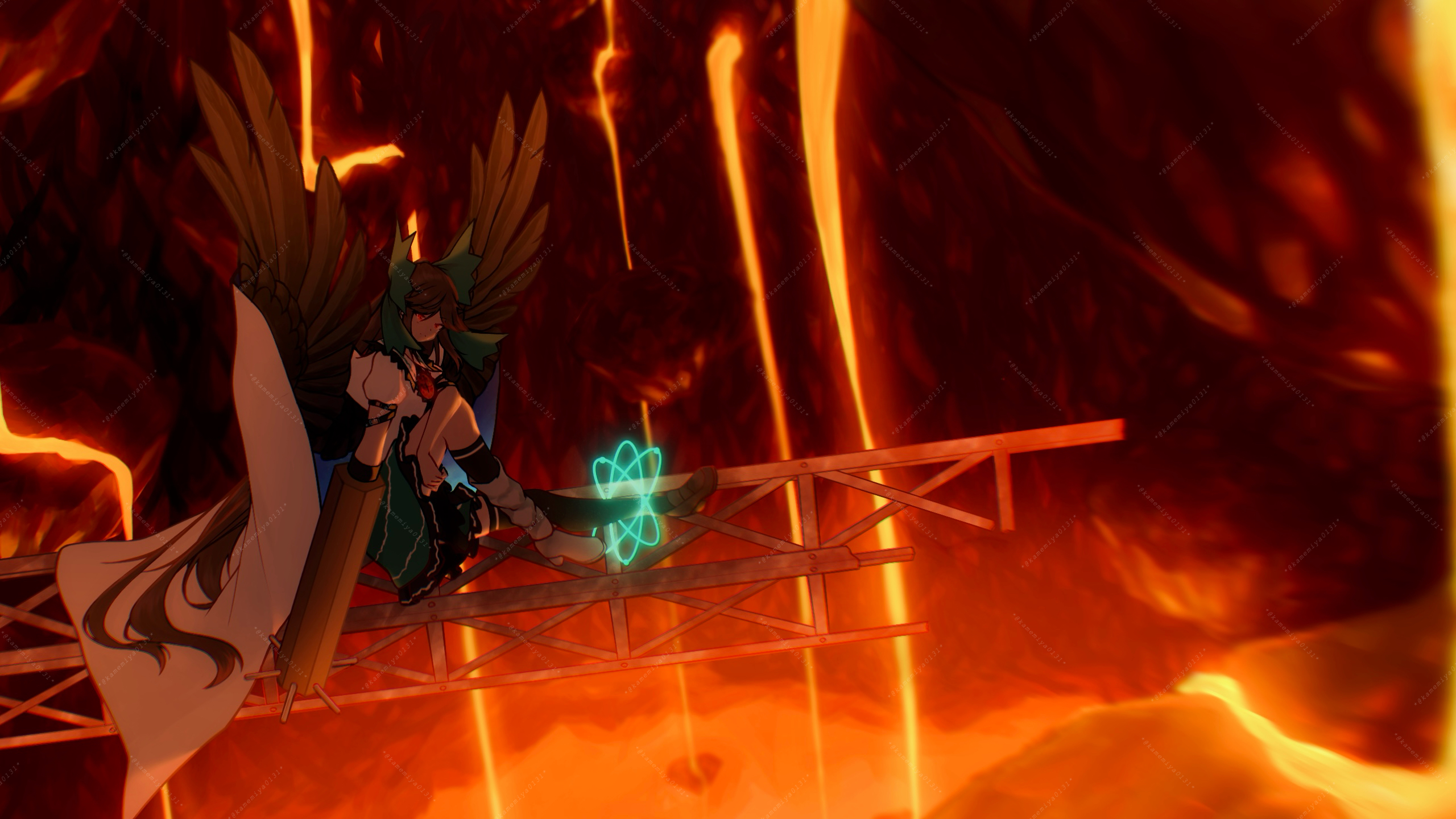 1girl arm_cannon atom bird_wings black_socks bow brown_hair brown_wings cape closed_mouth collared_shirt commentary_request control_rod_(touhou) cosmos_0131 expressionless feathered_wings frilled_skirt frills full_body green_bow green_skirt hair_bow highres lava long_hair looking_at_viewer puffy_short_sleeves puffy_sleeves red_eyes reiuji_utsuho rock shirt short_sleeves sitting skirt socks solo steel_beam third_eye touhou underground weapon white_cape white_shirt wings