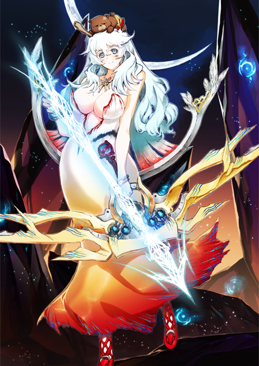 1girl arrow_(projectile) artemis_(fate) bangle blue_eyes bow_(weapon) bracelet breasts cleavage closed_mouth contrapposto crescent_moon dress fate/grand_order fate_(series) full_body glowing gradient_clothes gradient_dress hair_between_eyes holding holding_bow_(weapon) holding_weapon i-iv_(longman) jewelry large_breasts long_hair looking_at_viewer moon multiple_bracelets necklace official_art on_head orange_dress orion_(bear)_(fate) plunging_neckline red_sandals sandals sidelocks silver_bangle smile solo strapless strapless_dress stuffed_animal stuffed_toy teddy_bear third-party_source variant_set weapon white_hair
