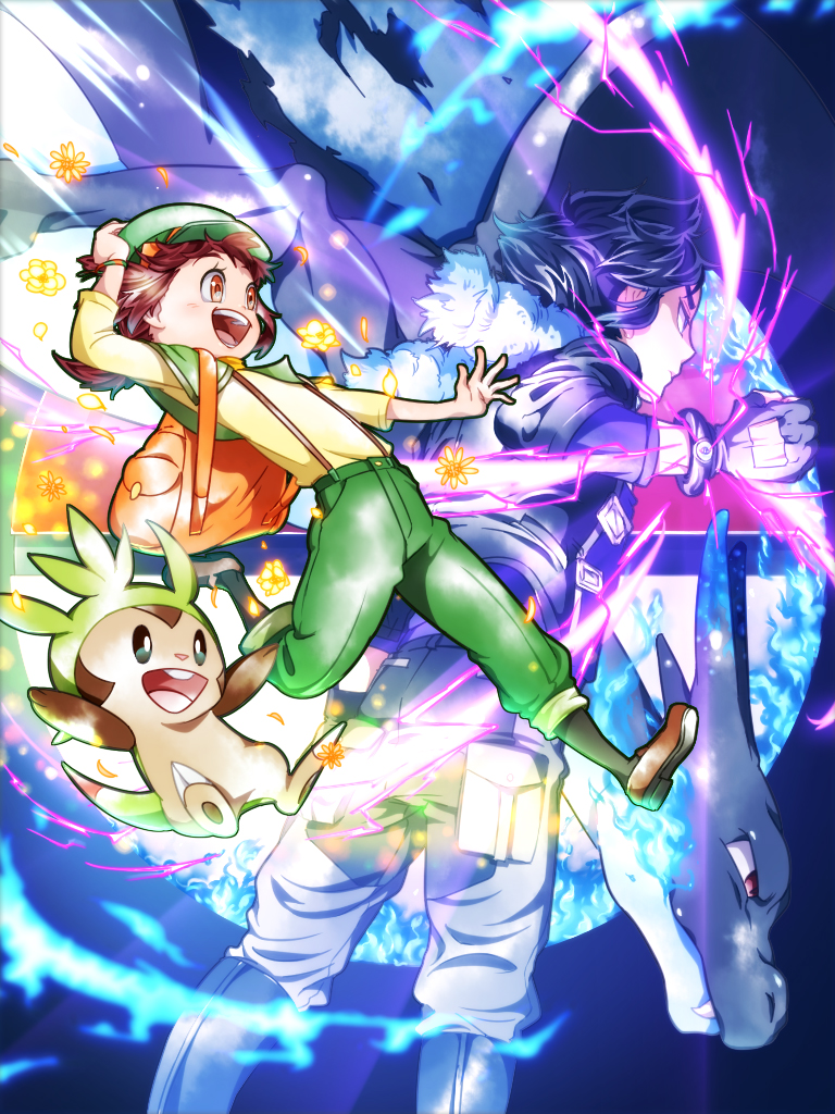 1boy 1girl :d alain_(pokemon) arms_up backpack bag black_gloves black_hair black_socks blue_fire blush bracelet brown_hair brown_shoes charizard chespin clenched_hand closed_mouth commentary_request creatures_(company) dragon eyelashes fangs fingerless_gloves fire flower game_freak gasshou gen_1_pokemon gen_6_pokemon gloves glowing green_hat green_pants hand_on_headwear hat jewelry mairin_(pokemon) mega_charizard_x mega_pokemon mega_ring mega_stone nintendo open_mouth orange_bag orange_eyes orange_flower orange_petals pants poke_ball_symbol pokemon pokemon_(anime) pokemon_(creature) pokemon_xy_(anime) red_eyes shirt shoes short_hair smile socks suspenders teeth upper_teeth_only yellow_shirt
