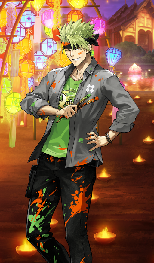 1boy ;) achilles_(fate) black_headband black_pants bracelet buttons collarbone collared_shirt commentary_request fate/grand_order fate_(series) feet_out_of_frame fire green_hair green_shirt grey_shirt grin hand_on_own_hip headband holding holding_paintbrush jewelry konoe_ototsugu lantern looking_at_viewer male_focus night official_alternate_costume official_art one_eye_closed open_clothes open_shirt orange_eyes outdoors paint_on_clothes paint_splatter paint_splatter_on_face paintbrush pants quick_shirt shirt shirt_under_shirt sleeves_rolled_up smile solo spiked_hair standing teeth third-party_source unbuttoned wing_collar