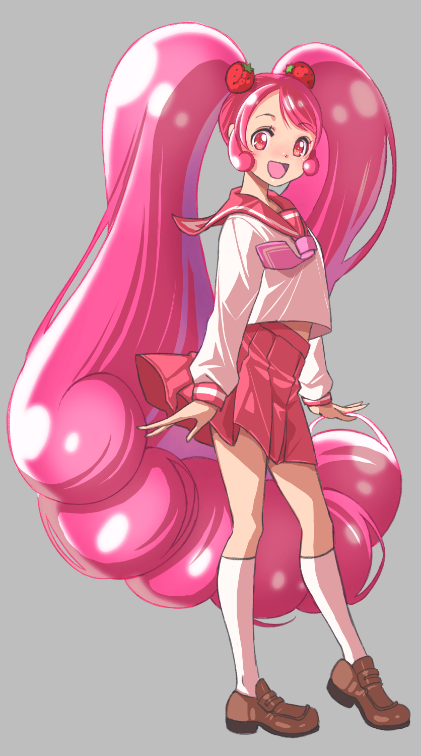 1girl :d big_hair brown_shoes commentary_request cosplay cure_whip eyelashes food food-themed_hair_ornament fruit grey_background hair_ornament happy highres ichigozaka_middle_school_uniform jj_(ssspulse) kirakira_precure_a_la_mode long_hair looking_at_viewer magical_girl open_mouth pink_eyes pink_hair pink_skirt precure school_uniform self_cosplay shoes simple_background skirt smile socks solo standing strawberry strawberry_hair_ornament twintails usami_ichika usami_ichika_(cosplay) very_long_hair