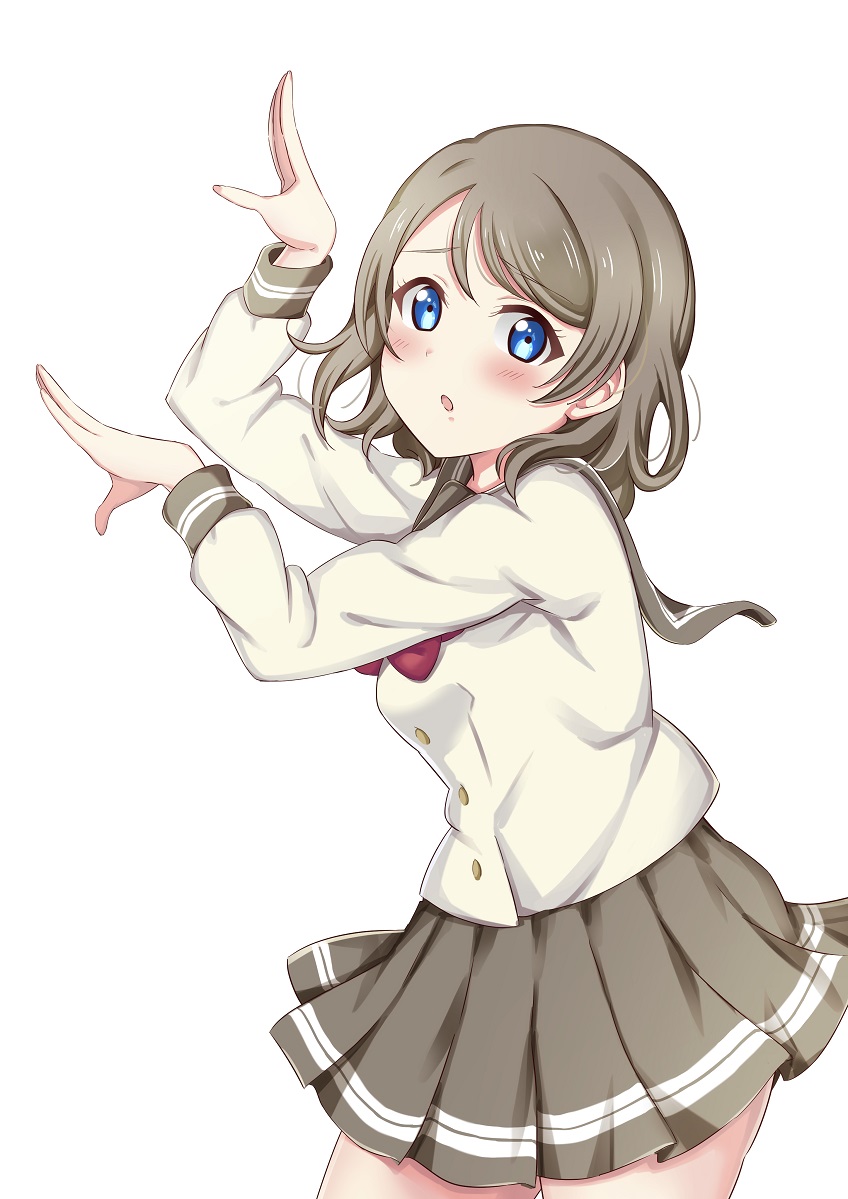 1girl blue_eyes blush chikattochikachika_(kaguya-sama_wa_kokurasetai) commentary_request embarrassed grey_hair kaguya-sama_wa_kokurasetai_~tensai-tachi_no_renai_zunousen~ long_sleeves looking_at_viewer love_live! love_live!_sunshine!! miniskirt reminiscence202 school_uniform short_hair sidelocks skirt solo uranohoshi_school_uniform watanabe_you