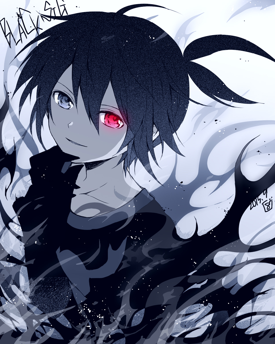 1boy black_sig character_name collarbone dark_persona dated hair_between_eyes hana_(mew) heterochromia highres looking_at_viewer male_focus monochrome parted_lips ponytail puyopuyo puyopuyo_fever red_eyes short_hair sig_(puyopuyo) signature solo spot_color umbrakinesis