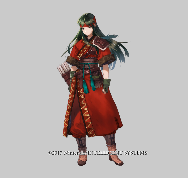 1girl armor arrow_(projectile) belt boots brown_boots copyright_notice fingerless_gloves fire_emblem fire_emblem:_the_binding_blade fire_emblem_heroes full_body gloves green_eyes green_hair grey_background headband long_hair looking_at_viewer mayo_(becky2006) nintendo official_art pants quiver short_sleeves shoulder_armor solo standing sue_(fire_emblem)