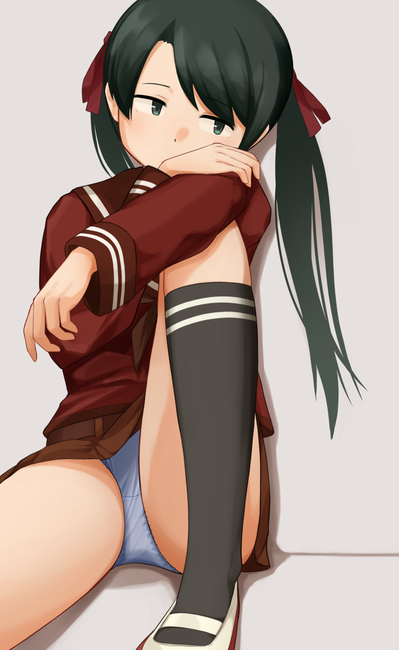 1girl black_eyes black_hair black_socks blue_panties blush brown_neckerchief brown_sailor_collar brown_serafuku brown_skirt highres kantai_collection kneehighs long_hair long_sleeves mikuma_(kancolle) neckerchief panties sailor_collar school_uniform serafuku skirt socks solo twintails underwear yotubawatane