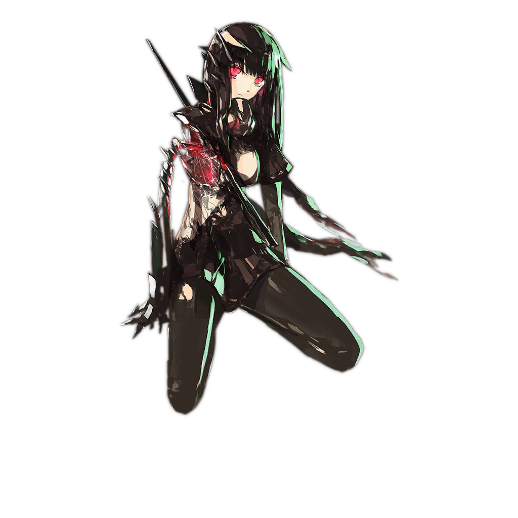 1girl android artist_request black_dress black_hair black_pantyhose breasts check_artist closed_mouth commentary dress english_commentary exposed_internal_machinery expressionless game_cg gas_mask girls&#039;_frontline impaled kneeling lowlight_kirilenko mask mechanical_arms medium_breasts pantyhose red_eyes simple_background solo third-party_source torn_clothes torn_dress torn_pantyhose transparent_background