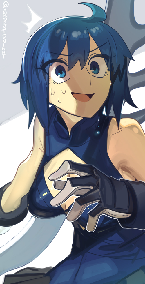 1girl bare_shoulders black_gloves black_skirt blue_dress blue_eyes blue_hair boa_(brianoa) breasts ciel_(tsukihime) dress gloves large_breasts looking_at_viewer open_mouth powered_ciel short_hair skirt sleeveless sleeveless_dress solo tsukihime weapon