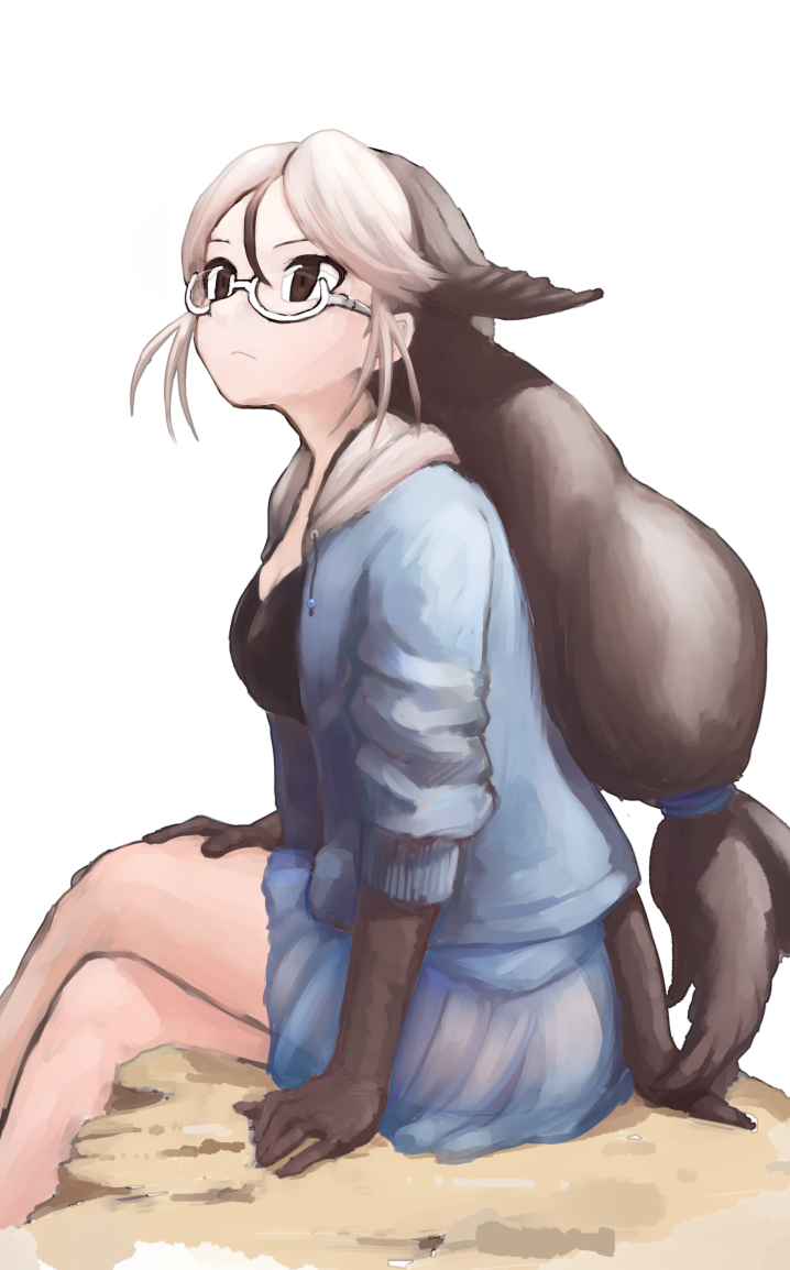 1girl animal_ears bare_legs black_eyes black_gloves black_hair blue_jacket blue_skirt california_sea_lion_(kemono_friends) commentary_request crossed_legs extra_ears glasses gloves hood hooded_jacket jacket kemono_friends long_hair low-tied_long_hair multicolored_hair open_clothes open_jacket rumenia_(ao2is) semi-rimless_eyewear simple_background sitting skirt solo tail under-rim_eyewear very_long_hair white-framed_eyewear white_background white_hair