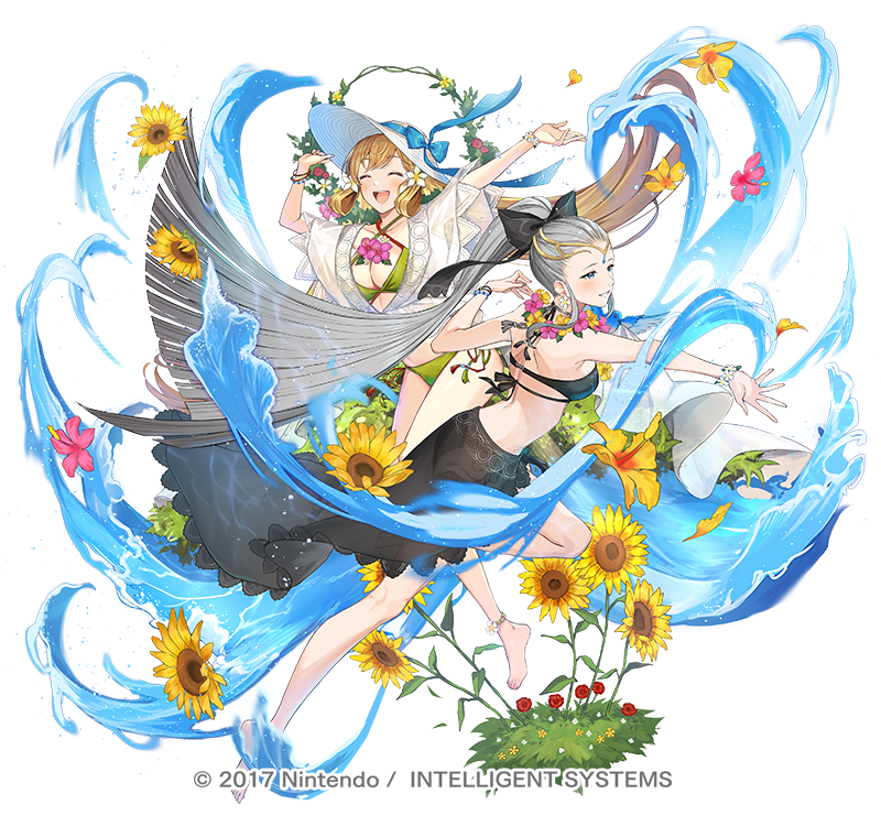 2girls :d aqua_eyes bare_legs barefoot bikini blonde_hair bow bracelet breasts circlet cleavage closed_mouth copyright_name criss-cross_halter eir_(fire_emblem) eir_(summer)_(fire_emblem) fire_emblem fire_emblem_heroes flower flower_wreath full_body grey_hair hair_bow halterneck hat ichikawa_haru jewelry jumping long_hair multiple_girls nintendo official_art open_mouth outstretched_arm outstretched_hand running sarong see-through_clothes see-through_shirt shirt simple_background smile splatter sunflower swimsuit water white_background ymir_(fire_emblem_heroes) ymir_(summer)_(fire_emblem_heroes)