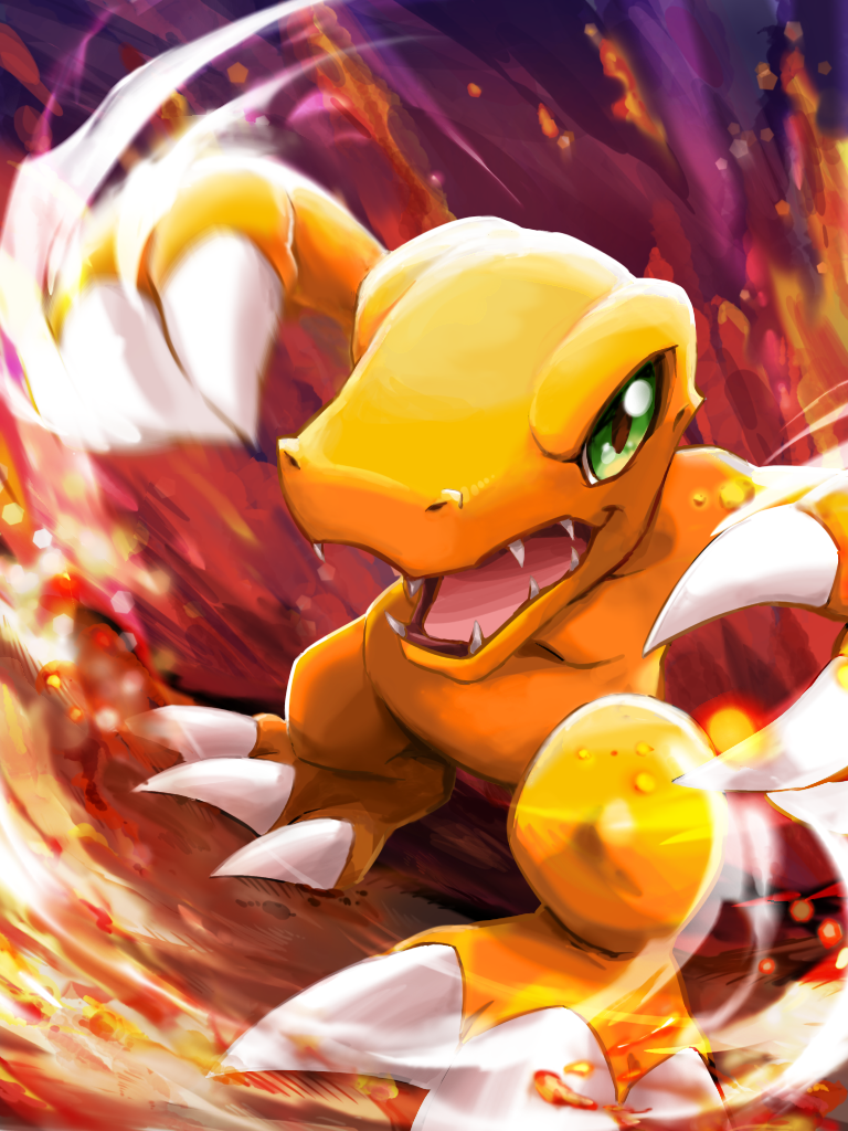 agumon angry ayo_(ayosanri009) claws colored_skin digimon digimon_(creature) fire green_eyes incoming_attack open_mouth orange_skin reptile sharp_teeth solo teeth two-tone_background